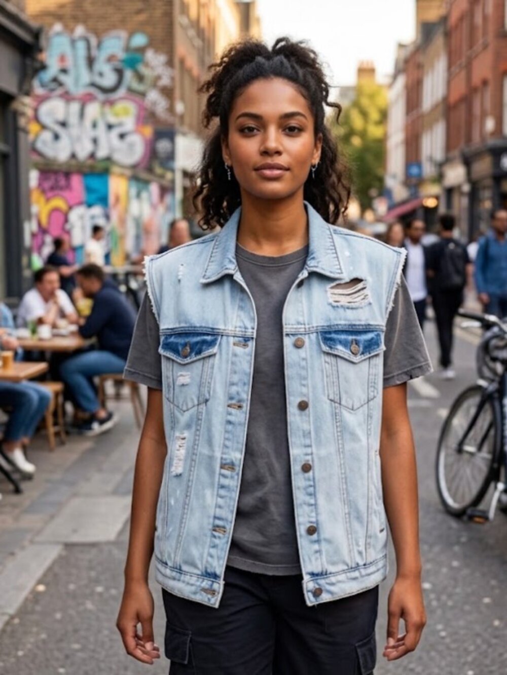 NWT H&M Denim Vest with Printed Design Distressed Denim Vest M